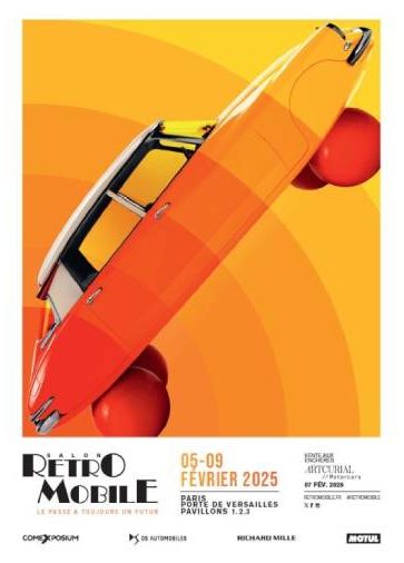 Events: Auf dem nostalgisch wirkenden Plakat wird die "RetroMobile", der Pariser Automobilsalon beworben. Man sieht ein Auto schräg auf vier Gummibällen in den Farben Gelb bis Orange.