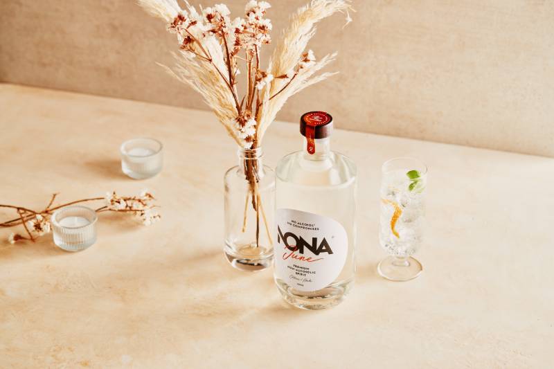Man sieht ein Ensemble aus einer Flasche NONA June Minona alkoholfrei, eine Vase mit getrockneten Pflanzen und ein Cocktailglas.