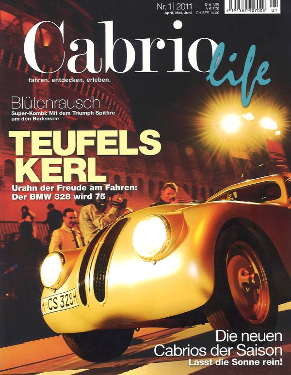 Cabriolife Heft Nr. 1 für die Monate April, Mai und Juni des Jahres 2011: Die Front eines goldenen Oldtimers steht im Rampenlicht, die Kameras der Fotografen blitzen. Der Titel mit der Aufschrift „Teufelskerl“ ist in Braun- und Goldtönen.