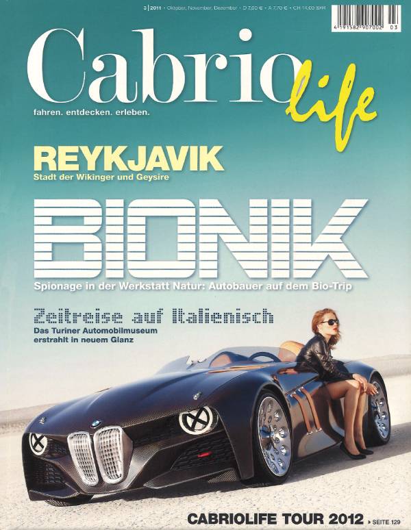 Cabriolife Heft Nr. 3 für die Monate Oktober, November und Dezember 2011: In einem offenen BMW Roadster sitzt eine junge Frau mit Sonnenbrille. Auf dem türkis-gelben Titel steht: Bionik – Spionage in der Werkstatt Natur: Autobauer auf dem Bio-Trip
