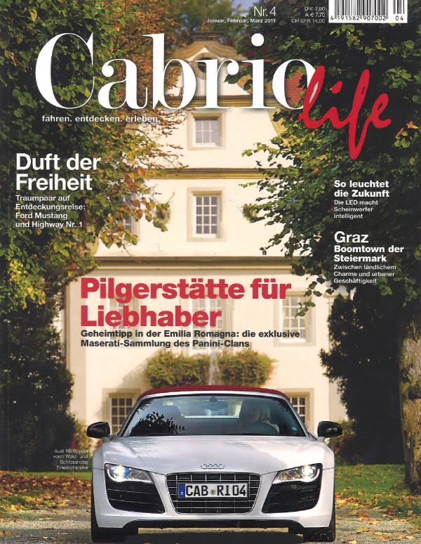Cabriolife Heft Nr. 4 für die Monate Januar, Februar und März des Jahres 2011: Ein weißes Audi Cabrio mit rotem Dach steht in einem Schlosspark.. Auf dem beige-braunen Titel steht in roter Schrift: Pilgerstätte für Liebhaber