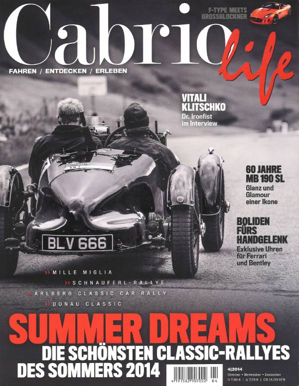 Cabriolife Heft Nr. 4 für die Monate Oktober, November und Dezember des Jahres 2014: Zwei Männer fahren in einem offenen Rennwagen bei einer Rallye. Auf dem schwarz-grauen Titel steht in roter Schrift: Summer Dreams
