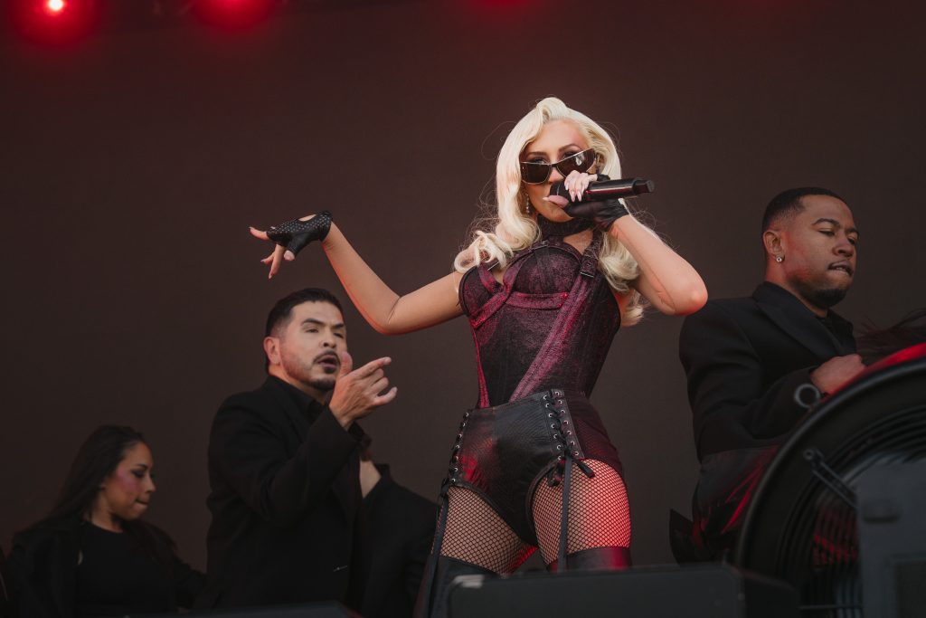 Christina Aguilera in an extravagant outfit with her dancers at this year's “Top of the Mountain Closing Concert” on May 2, 2026.